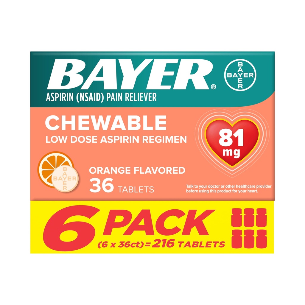 베이어 아스피린 낮은 복용량 81 mg Chewable 정제, 통증 Reliever, 오렌지 맛, 216 정제 (6 팩)