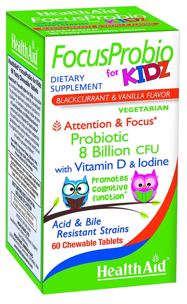 Kidz, 60의 Chewable 정제를 위한 FocusProbio는, 주의와 초점을 위한 Cognitive 기능을 지원합니다. 블랙커런트와 바닐라 맛, 비타민 D & Iodine을 함유. 산 & Bile 저항하는 균류. 스낵 바