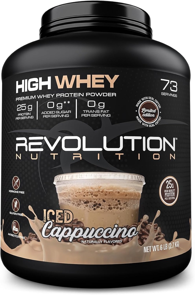 혁명 영양, 높은 Whey, 단백질 분말 6LB, Whey Isolate, 글루텐 무료, 남성 및 여성을위한 Lean 근육 질량, 스쿠프 당 단백질 25g, 2.7kg, 73 서빙 (Iced Cappuccino, 6 파운드)
