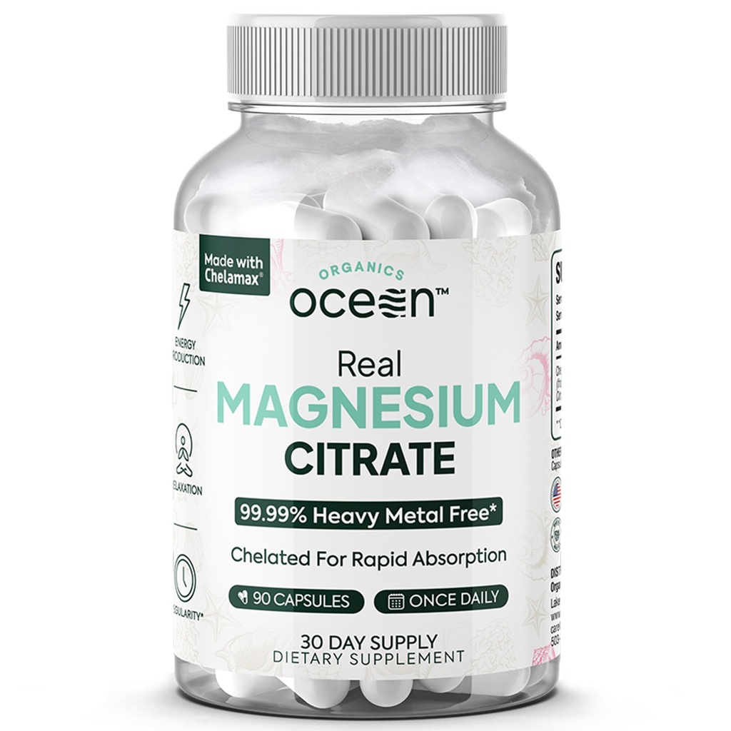 Organics Ocean Real Magnesium Citrate - 높은 흡수 마그네슘 보충 - Energy, Relaxation 및 Regularity를 지원하는 킬레이트 마그네슘
