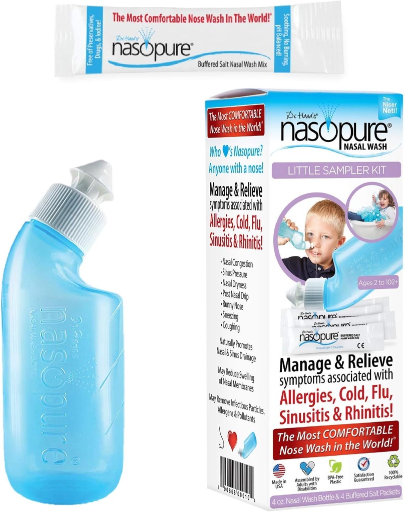 Nasopure Nasal Wash, Little Sampler Kit, “The Nicer Neti Pot” Sinus Wash Kit, 편안한 Nasal Rinse 4 Oz Bottle & 4 Salt Packets (3.75 Gr each), Nasal Congestion, 콜드, 알레르기, Nasal 관개