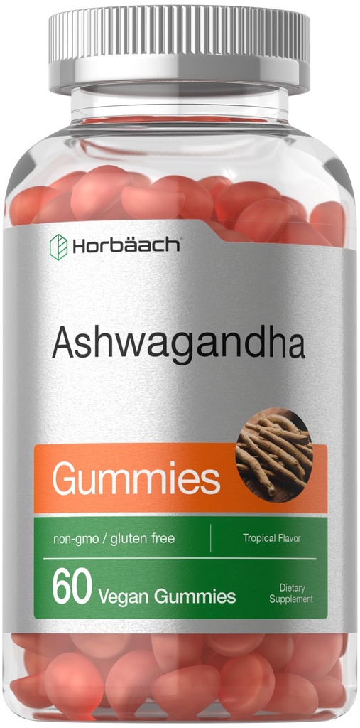 Horbäach Ashwagandha Gummies for Women and Men | 60 개 | 비건, 비 GMO, 글루텐 무료 보충 | 열대 맛
