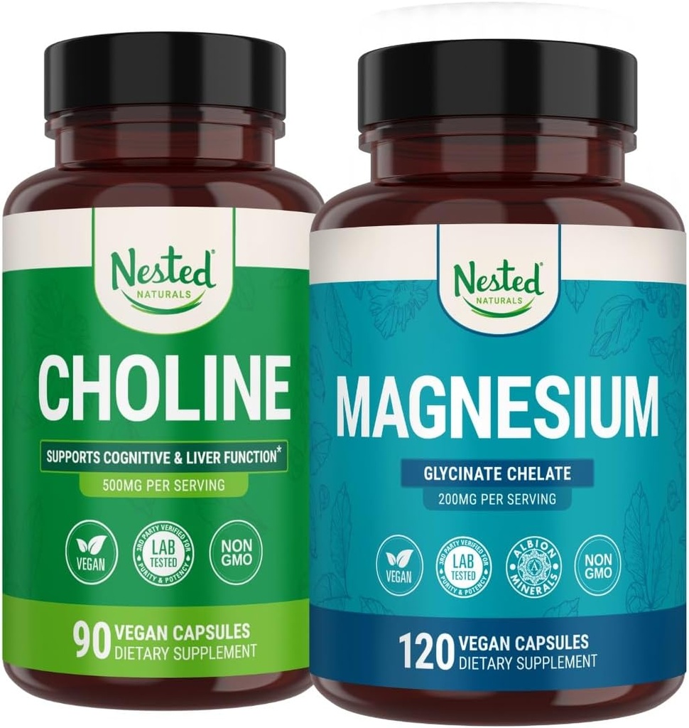 Nested Naturals Choline Bitartrate & Magnesium Glycinate Chelate Stack | Relaxation, Sleep Support, Cognitive Performance (210 카운트)