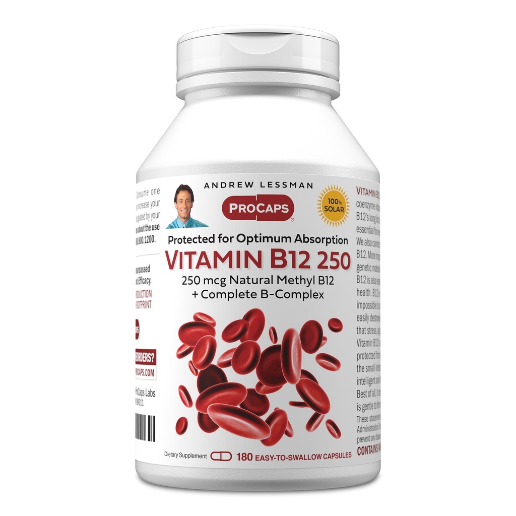 ANDREW LESSMAN 비타민 B12 250 180 캡슐 - 흡수 보호 된 Methylcobalamin (Natural Coenzyme Vitamin B12), 에너지 및 스트레스 지원에 필수적인 B-Complex, 삼키기 캡슐에 쉽게
