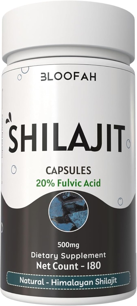 Bloofah Shilajit 캡슐 500mg | 20 % 추출물 Fulvic 산 | 천연 Shilajit 분말 (Asphaltum) | 비 GMO, 글루텐 프리 | 매일 사용을위한 프리미엄 웰빙 보충 (180 개)