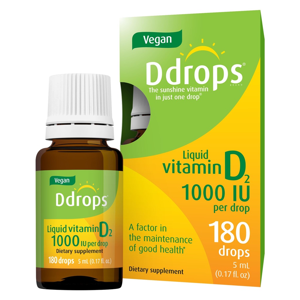 Ddrops Vegan 1000 IU 180 Drops - 매일 비타민 D 액체 - 뼈 건강 및 면역 체계를 지원합니다. 큰 캡슐 없음, 방부제 없음, 비 GMO, 알레르기 - 친절
