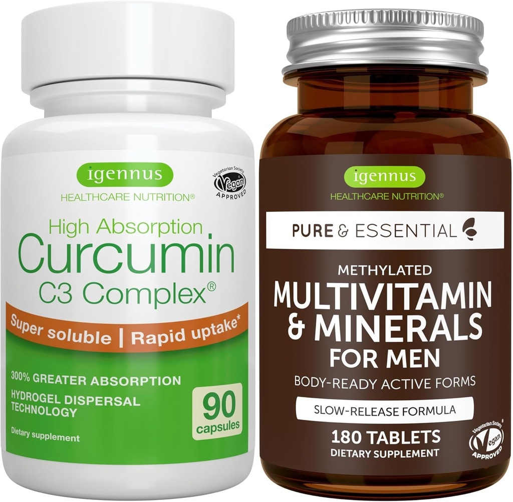 남자를 위한 Multivitamin & 무기물 + 높은 흡수 Curcumin C3 Complex, Vegan 번들, 중단된 방출 급속한 입구를 가진 진보된 Multivitamin + 300% 더 중대한 흡수 Curcuminoids, Igennus에 의하여