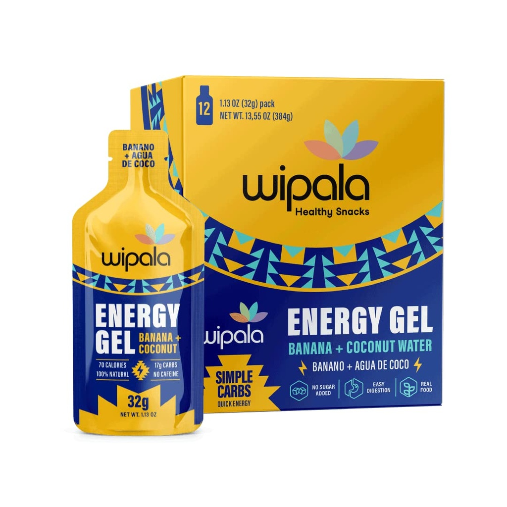 Wipala 에너지 젤, 바나나나 코코넛, 12 팩 - Caffeine Free, Certified Vegan, Non GMO - Endurance 운동, 실행 및 성능을위한 청정 에너지