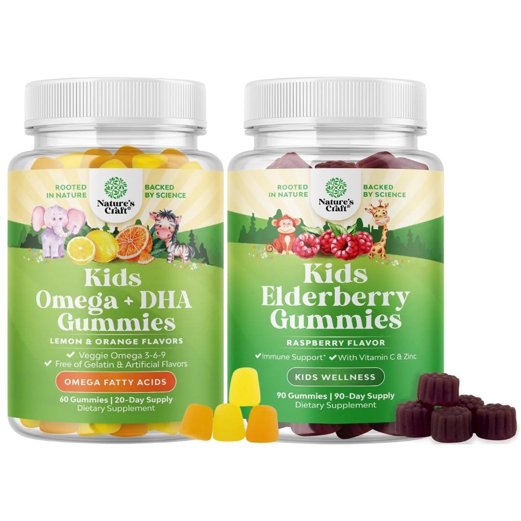 아이 DHA 오메가 3 구미의 번들 - 지방산 오메가 3 6 9 뇌 면역력 및 비전 - 영양 DHA 및 Sambucus Elderberry Gummies for Kids Health - 아연 및 비타민 C