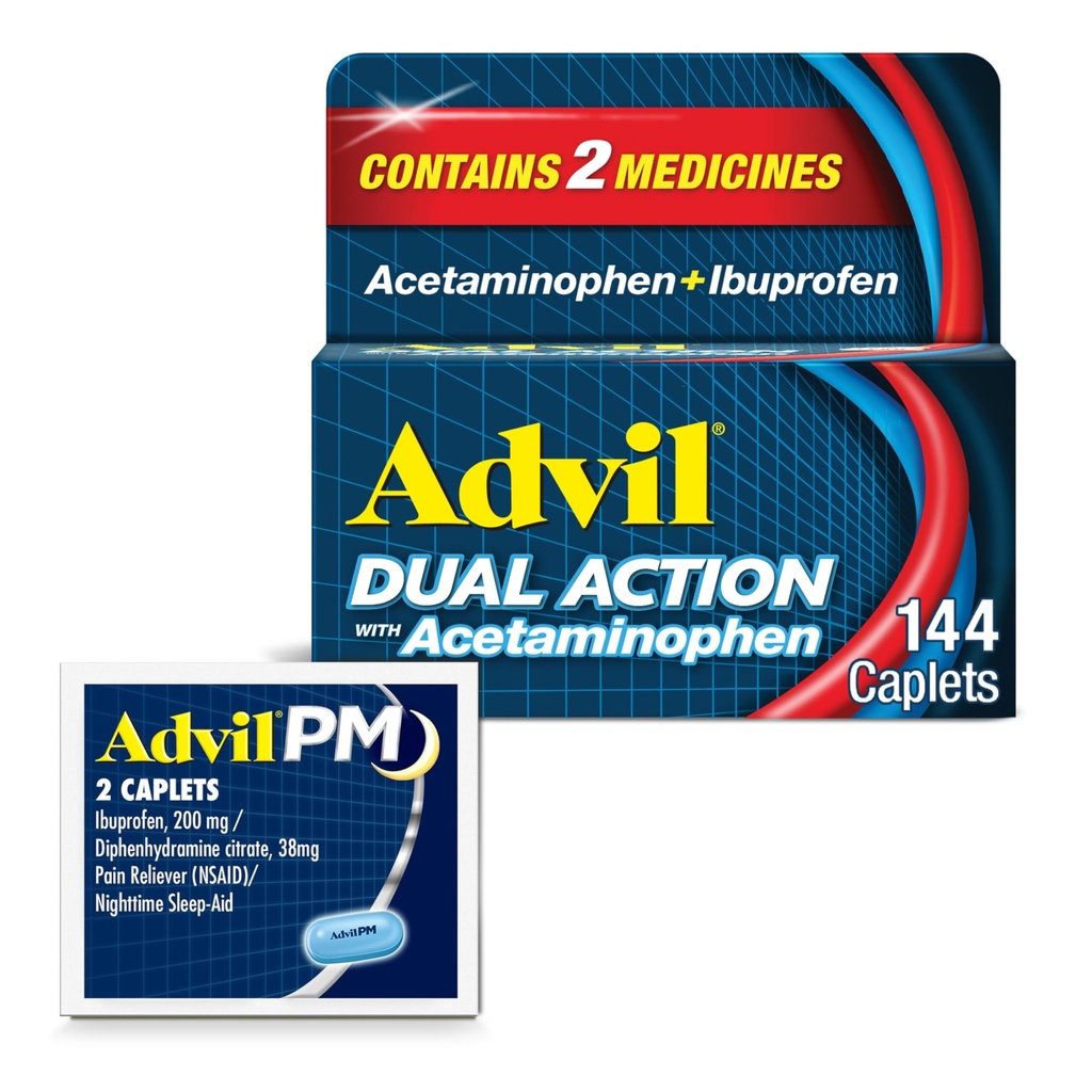 Acetaminophen와 Ibuprofen (2 복용량 동등한)를 가진 Advil 이중 활동 8 시간 고통 구호를 위해, 입히는 144 Ct 모자를 씌우고 2 Ct. Advil PM의 표본