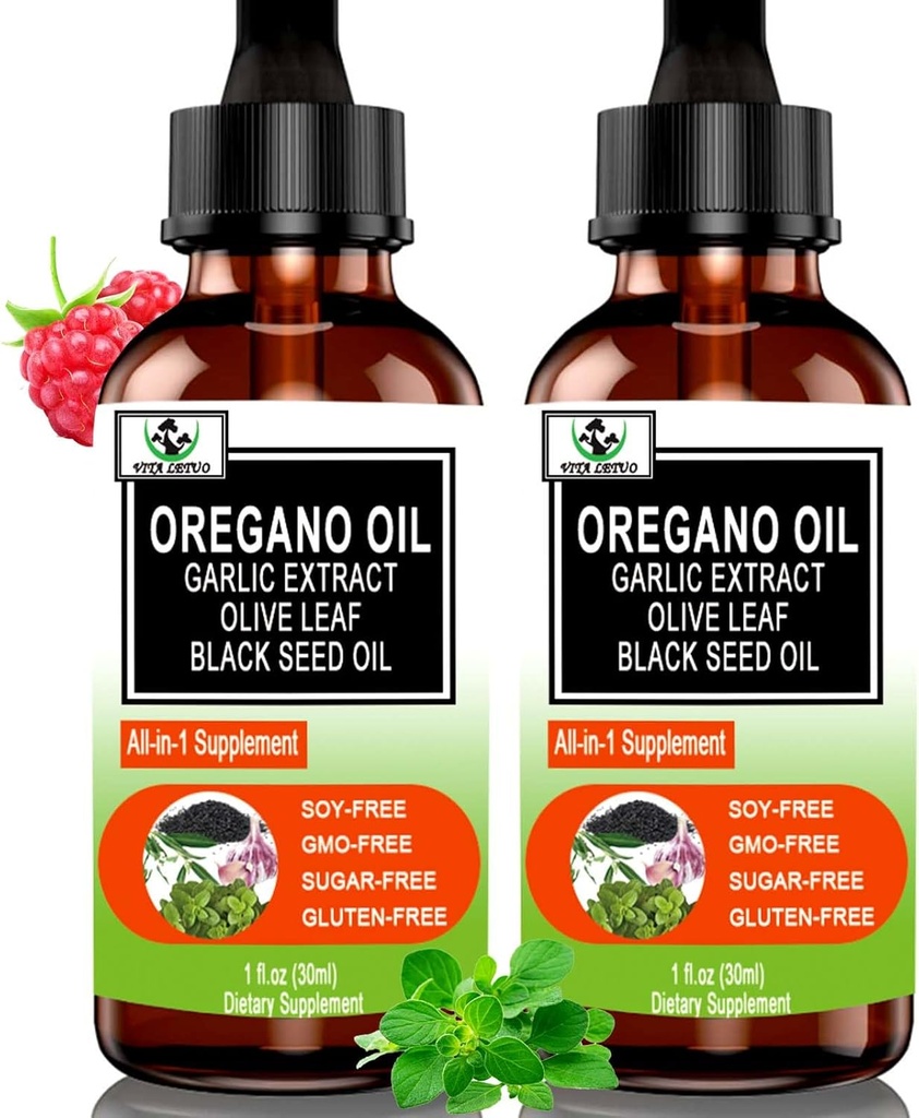 (2 팩) Immune를 위한 까만씨 기름을 가진 Oregano의 유기 기름, 소화 지원 & 산화제, w/Garlic Elderberry Seasonal 지원 6X 흡수 액체 Oregano 하락