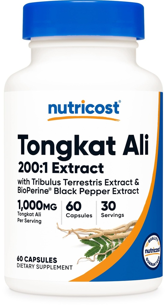 Nutricost Tongkat Ali 1,000mg 60 캡슐 - Tribulus Terrestris 및 BioPerine, 채식 모자, 비 GMO, 글루텐 무료, 유력한 추출물