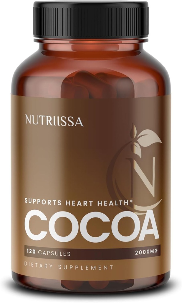 Nutriissa 코코아 캡슐 2000mg - 고급 심장 건강, 니트로 산화물 및 순환 지원 - 서빙 당 500mg 코코아 Flavanols - 순수성 & 효능을 위해 증명되는 EPEB - 채식주의자, 120 캡슐, 40 서빙