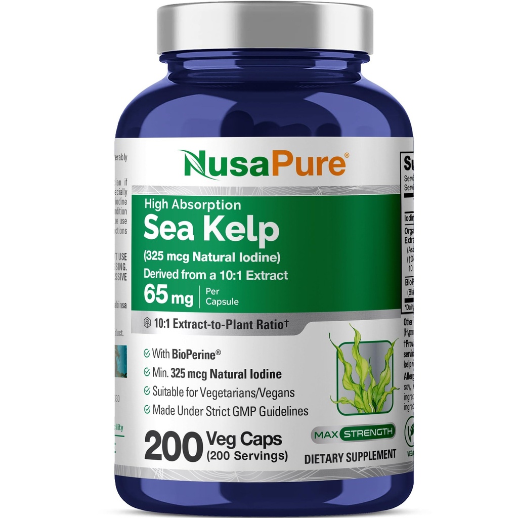 NusaPure 바다 Kelp 자연적인 Iodine 325mcg 10:1 추출물, 650 mg 캡슐 200 조사 (비 GMO, Vegan)와 동등한 65 mg