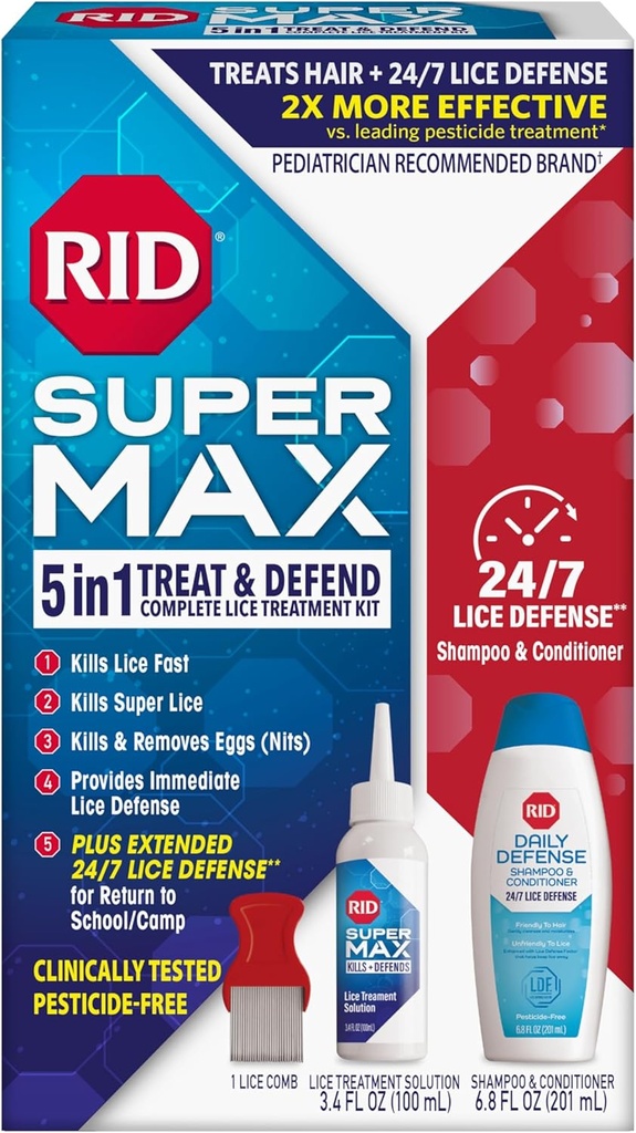 RID Super Max Lice 트리트먼트 키트, Lice & Super Lice & Eggs + 24/7 Lice Defense, Pesticide Free, 3.4 FL OZ 솔루션 + 6.8 FL OZ 일일 방어 샴푸 및 컨디셔너 + Nit 제거 빗