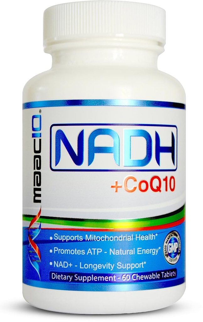 MAAC10 NADH + CoQ10 보충교재 | 중대한 타오르는 Chewable 정제 | 50mg PANMOL® NADH + 100mg CoQ10 | 피로, 에너지 및 정신 초점 | NAD+ 보충교재 (60 정제)
