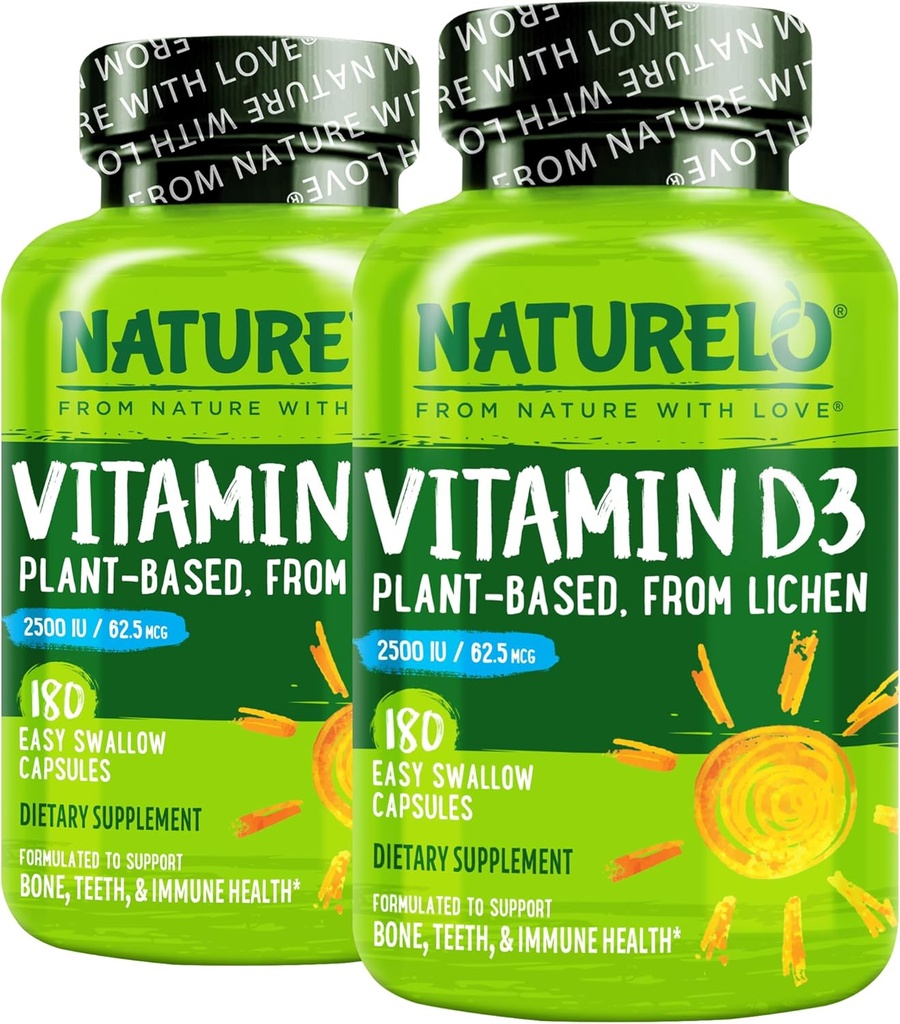 NATURELO 비타민 D - 2500 IU - Lichen - 면역 체계, 뼈 지원, 합동 건강을 위한 자연적인 D3 보충교재 - Vegan - 비 GMO - 글루텐 자유로운 - 180의 캡슐 (포장 2)
