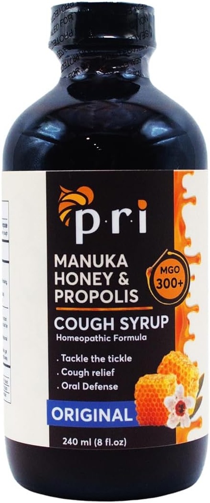 P.R.I Manuka 꿀, 프로 폴리스, 티 트리 오일 및 비타민 C를 가진 자연적인 건조한 기침 시럽 - Sore Throat & Immune 지원, 본래 풍미, 8oz