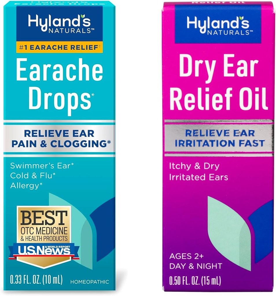Hyland의 Earache Drops의 번들 0.33 Fl Oz와 드라이 이어 릴리프 오일, 이시브 및 건조 Irritated 귀, 나이 2 및 업, 일 및 야간 드롭, 0.5 Ounce