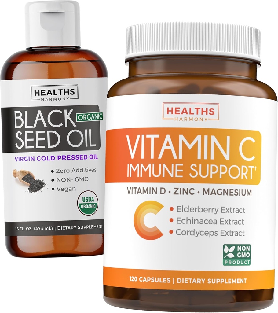 Black Seed Oil Liquid & Immune 지원 (2 개월 공급) Immune Maximiser 번들 - Black Seed Oil Liquid (16fl.oz) 프리미엄 Cold-Pressed Clack Cumin Seed Oil & Vitamin C Immune 지원 (120 Veg Cap)