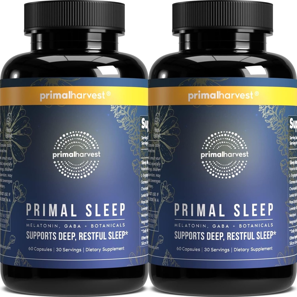 Primal Harvest 2 팩, Primal Sleep, Valerian Root, L-Tryptophan, GABA, Chamomile 및 Melatonin 3mg의 120 캡슐