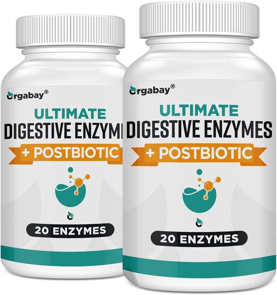 Orgabay는 Postbiotics 1000mg, 20 Enzyme 혼합, Optimal 소화 및 Gut 기능, 120 Veggie 캡슐
