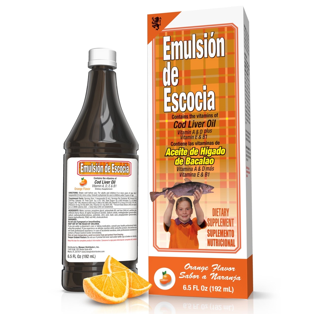 EMULSION DE ESCOCIA Cod Liver Oil, Orange flavor, 6.5 fl oz (1 Pack) - 비타민 A, D, E, B1, Immune 및 Bone 건강, 아이 & 성인을위한 오메가-3 생선 오일