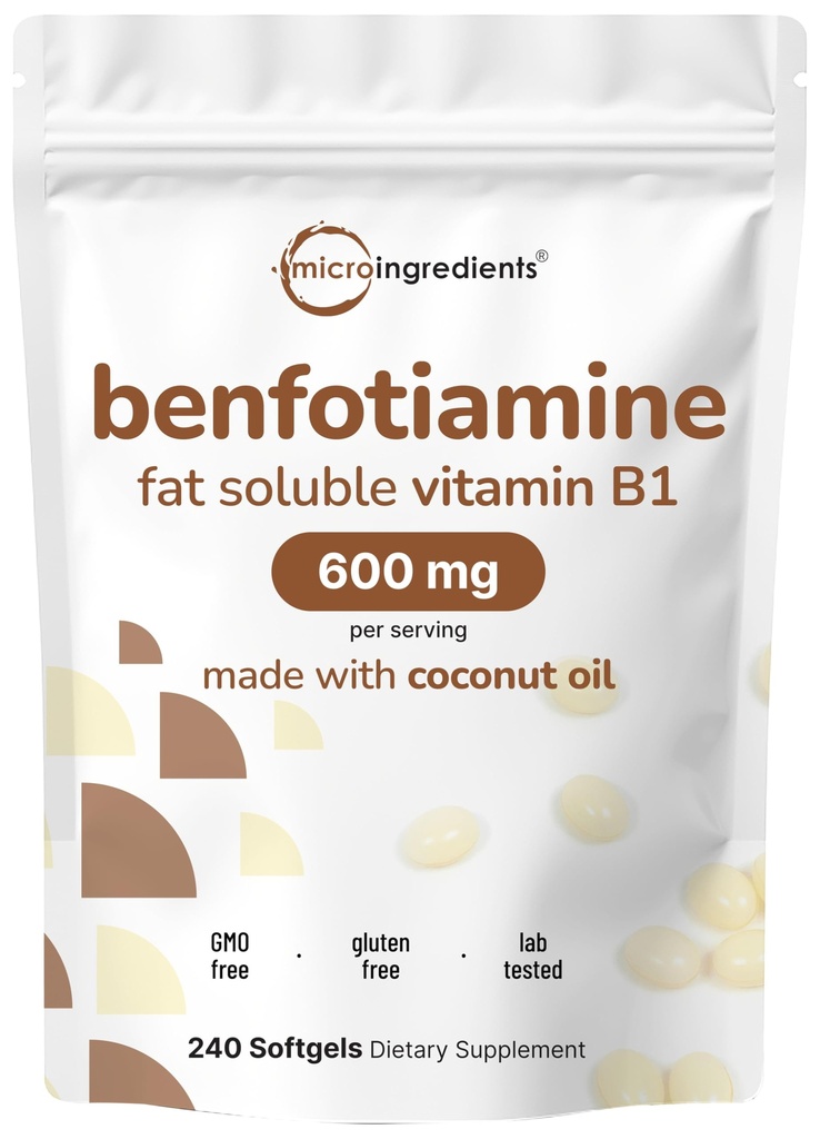 마이크로 성분 비타민 B1 Benfotiamine 600mg 서빙, 240 코코넛 오일 Softgels | Bioavailable B 비타민 보충 교재, 활성 Thiamine로 변환 | Non-GMO, Soy Free