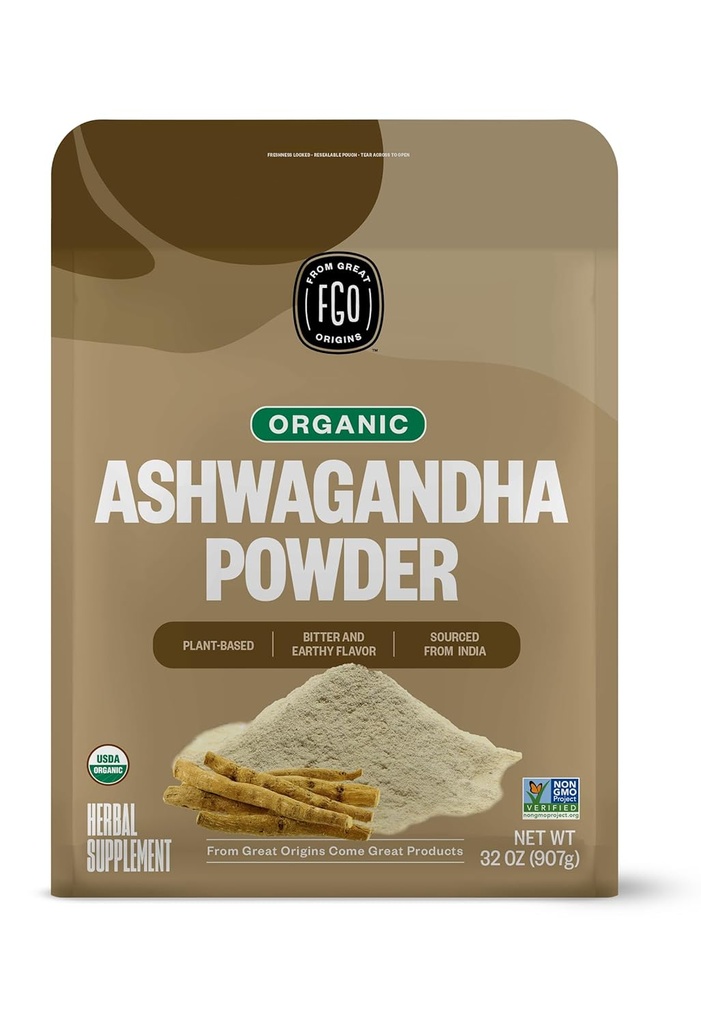 FGO 유기 Ashwagandha 뿌리 분말, 32oz Resealable 대량 부대, Non-GMO, 인도 Ginseng, 인도 Somnifera에서 sourced, (1)