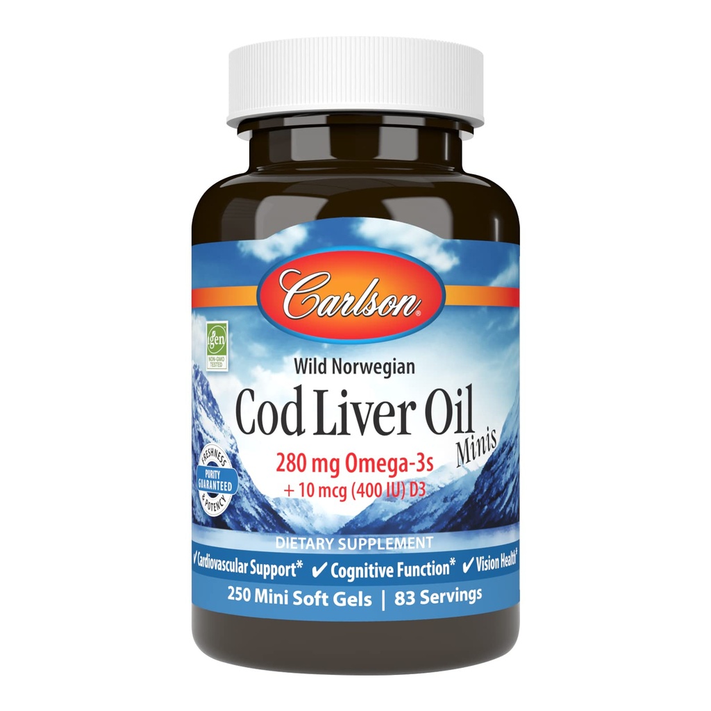 Carlson - Cod Liver Oil Minis, 280 mg Omega-3s + Vitamins A & D3, Heart Support & Cognitive Function, Vision Health, 250 미니 소프트 젤