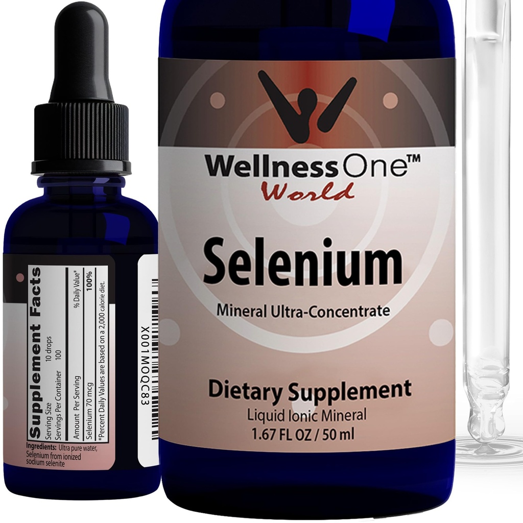 WellnessOne 액체 셀레늄 보충 - 이온화 셀레늄 액체 드롭 70 mcg - 산화 방지제, 심혈관 및 면역 지원 - 미국 테스트, 비건, 비 GMO, 글루텐 무료, 불연 - 1.67 fl oz
