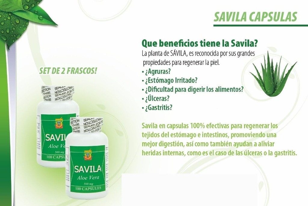 Nutrisalud 제품 Capsulas de Savila, 알로에 베라 캡슐 500mg. 설정 드 2 frascos 100 capsulas CADA uno.Efectivo Contra ulceras,agruras, 말라 소화,염,estreñimiento. Dura mas 드 3 메스.