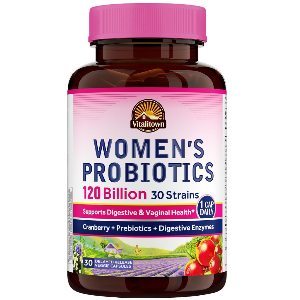 여성을위한 비탈리 타운 프로바이오틱스 120 억 CFUs, 30 Strains, Prebiotics & Digestive Enzymes & Cranberry, Gut & Vaginal Health, Vegan 30 지연 릴리스 캡