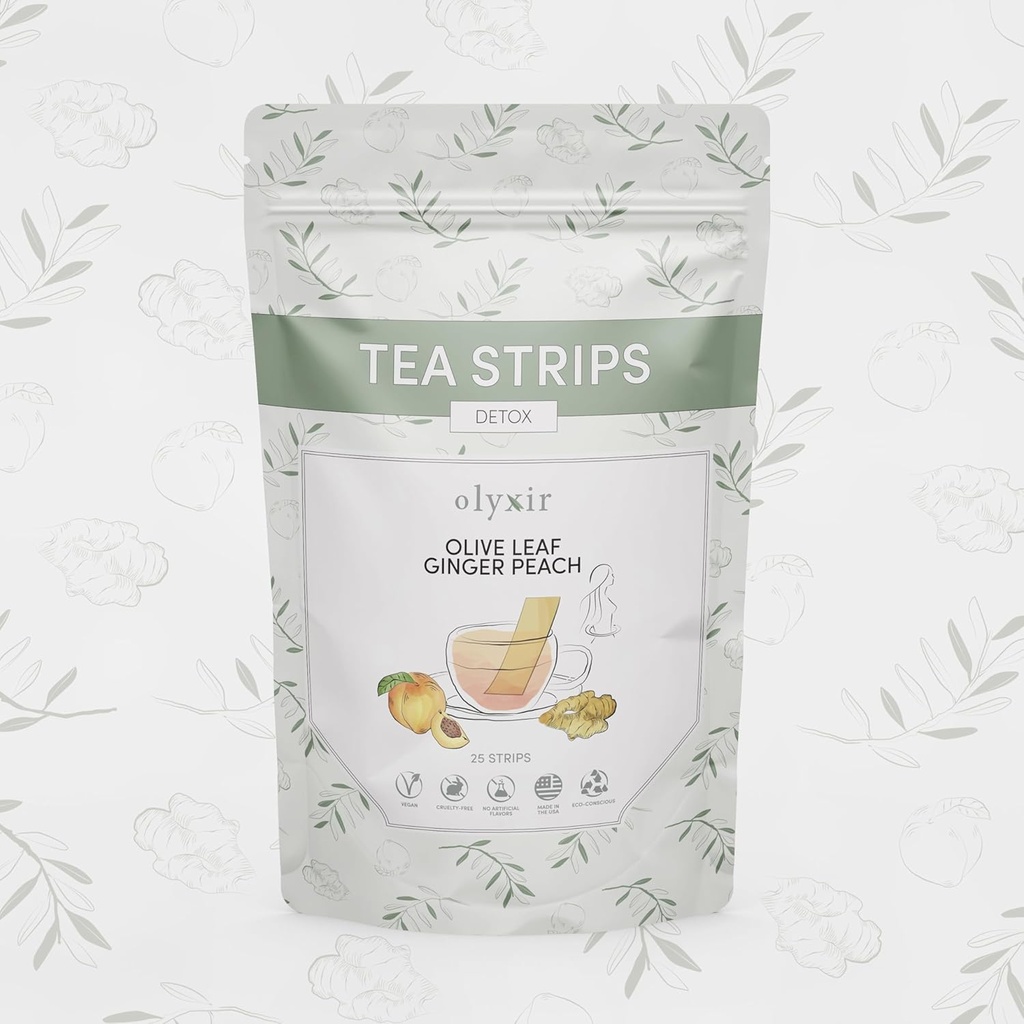 Olyxir Detox Tea Strips - 자연 올리브 잎, 생강, 복숭아 맛 - 즉시, Energizing, 유기, Paleo, Vegan, Non-GMO | 25 Ct