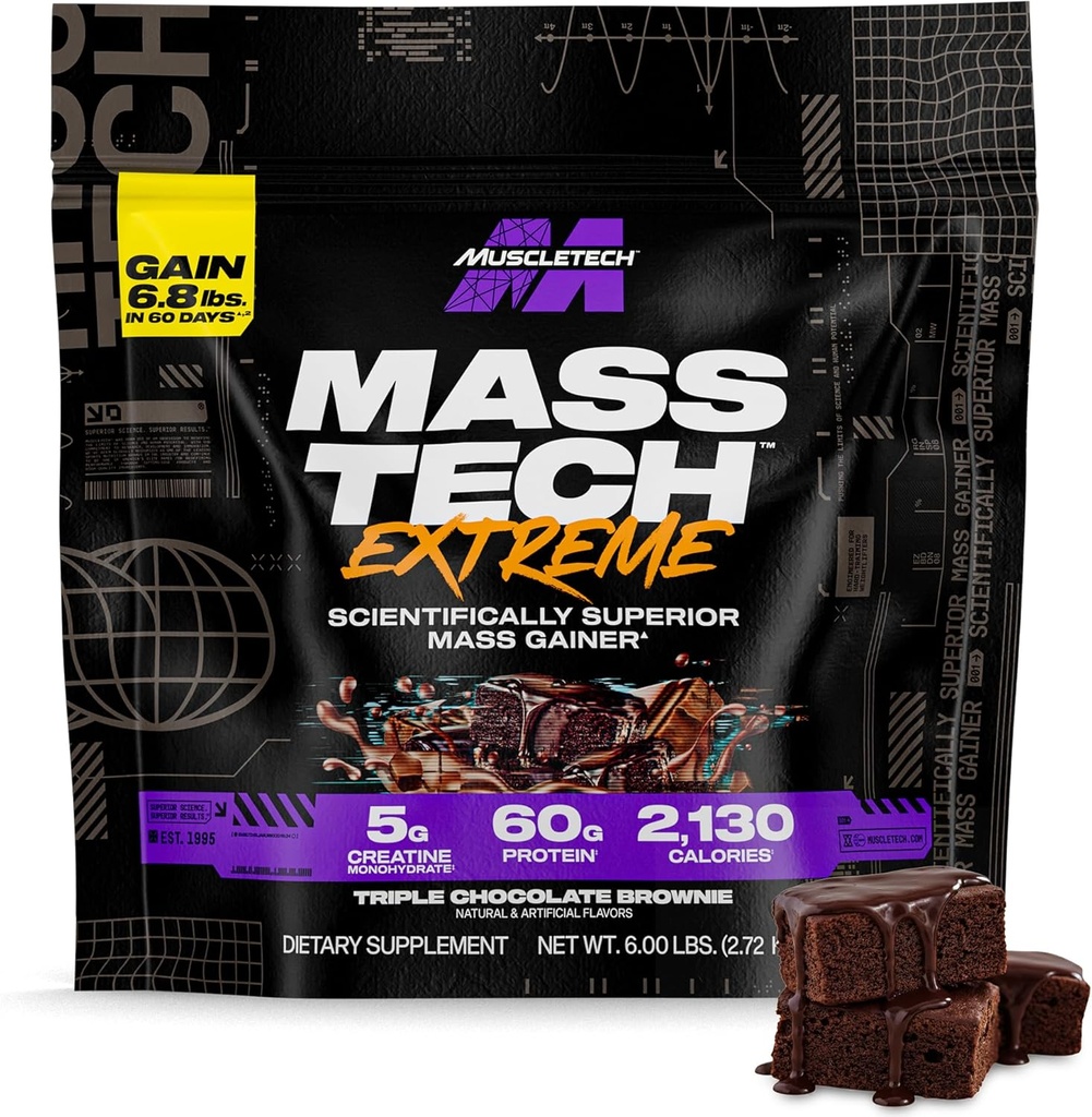 Muscletech High-Protein Mass Gainer (Triple Chocolate Brownie, 6LB) - Mass Tech Extreme 2000 Mass Gainer Protein Powder Supplement - 증가 근육, 향상된 복구 및 강도를위한 체중 증가