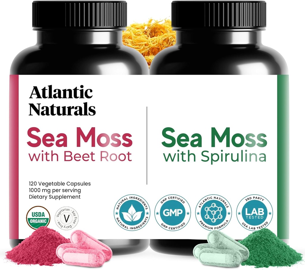 Atlantic Naturals Sea Moss Superfood Bundle - Beet Root & Spirulina 캡슐과 바다 모스 - 방어 지원, 혈액 흐름, 관절 건강 및 철 - 240 캡슐 (2 x 120ct)
