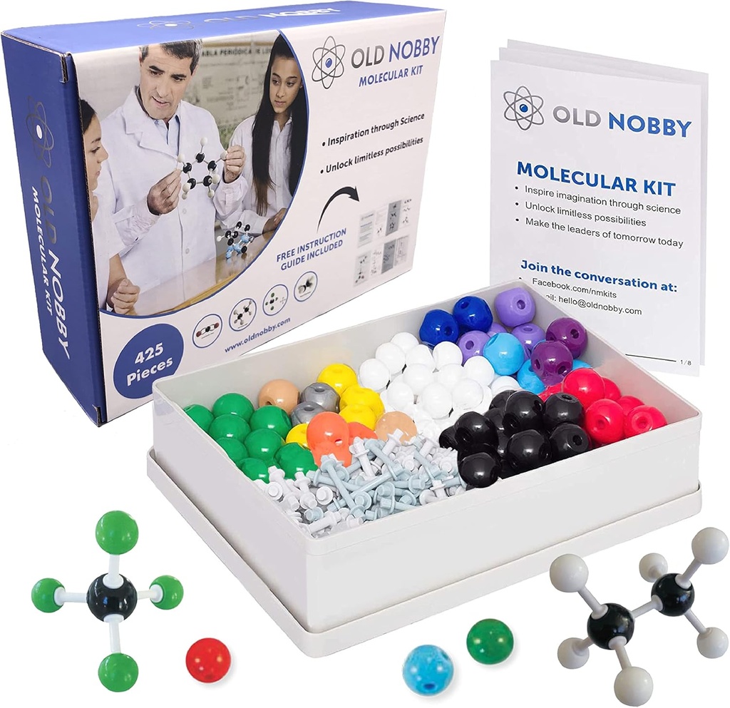 Old Nobby Organic Chemistry Set (425 pc) 분자 모델 키트 Atoms, Bond, Guide, Bond 제거 도구 - STEM Science Kits for Kids Toys Chemistry Set for students Teachers Young Scientists