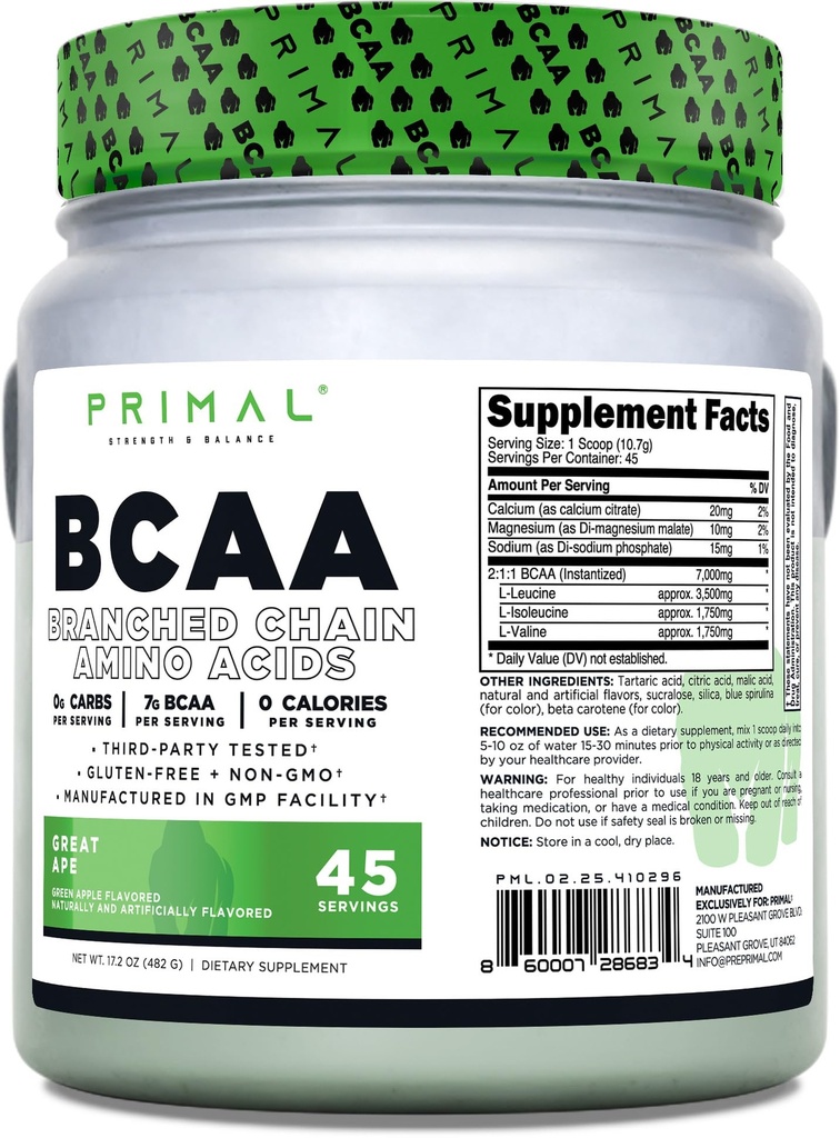 Primal BCAA 분말 중대한 Ape (45 SERV) (녹색 사과 맛을 내는) - 0 g Carbs, 0 칼로리, 봉사 당 7g BCAA