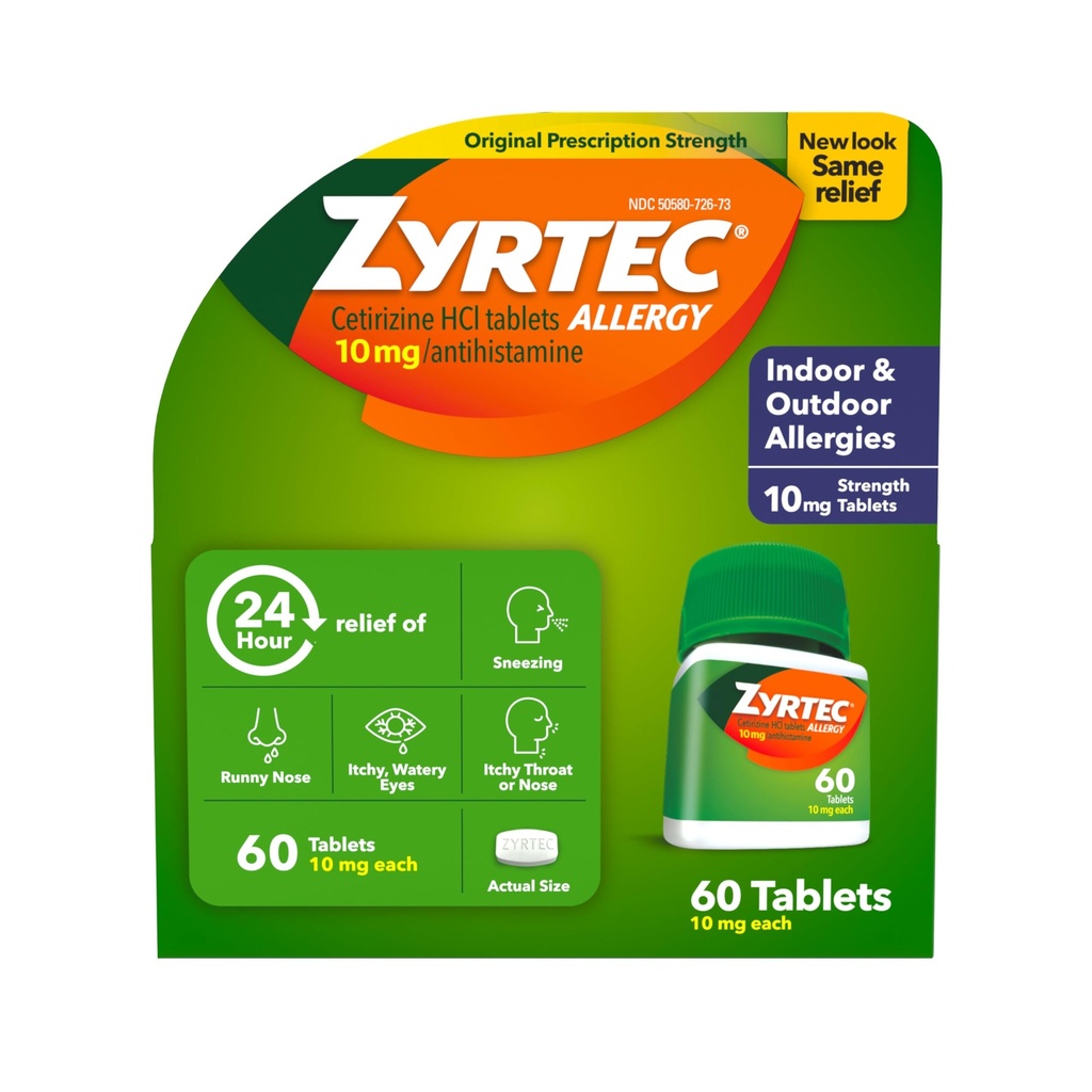 Zyrtec 24 시간 알레르기 완화 정제, Antihistamine 정제 당 10 mg Cetirizine HCl를 가진 실내 & 옥외 알레르기 약, 알레르기의 기복, 60 조사.