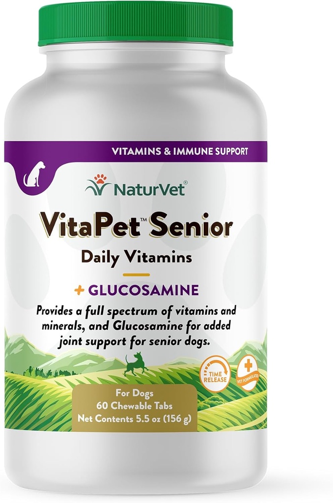 NaturVet –VitaPet Senior Daily Vitamins for Senior Dogs – Plus Glucosamine – 비타민 및 미네랄의 전체 스펙트럼 – 추가 관절 지원을위한 글루코사민으로 강화 – 60 시간 릴리스 정제