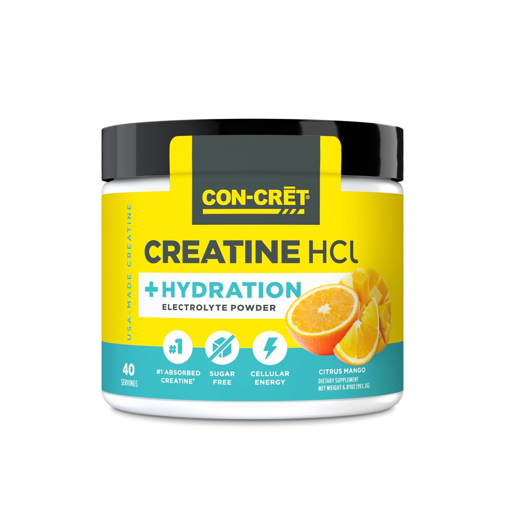 CON-CRET Creatine HCl + Hydration | 전자식 분말 통 | 감귤류 망고 | 설탕 무료 전해질 | 탈수식 w 칼륨, 나트륨, 아연, 마그네슘 to Hydrate & Recover (40 serv)
