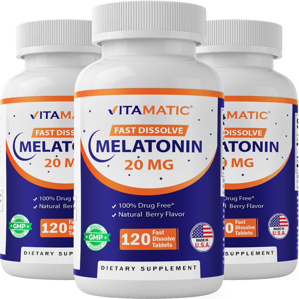 Vitamatic Melatonin 20 mg 정제 | 채식주의, 비 GMO, 글루텐 프리 | 고 효능 20 MG | 천연 베리 맛 (1/2 정제 = Melatonin 10 mg) (120 개)