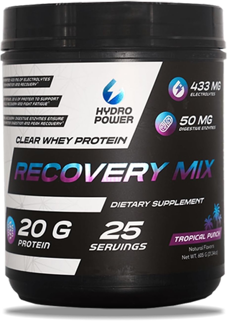 수력 명확한 Whey Protein Recovery Mix - 열대 펀치 맛 - 433mg Electrolytes & 20g Protein - Fuel Performance & Recovery - 남성 및 여성을위한 규정식 보충 - 25 서빙