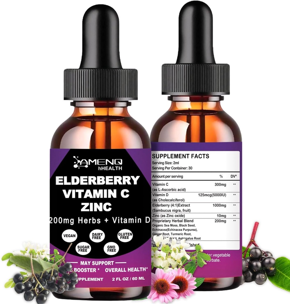 유기 Elderberry Syrup, 액체 드롭 Elderberry 비타민 C 및 아연 성인, 11-in-1 Sambucus 검정 Elderberry Tincture w / 비타민 D3, 바다 Moss 검정 씨앗, Elderberry Immune 지원 보충교재