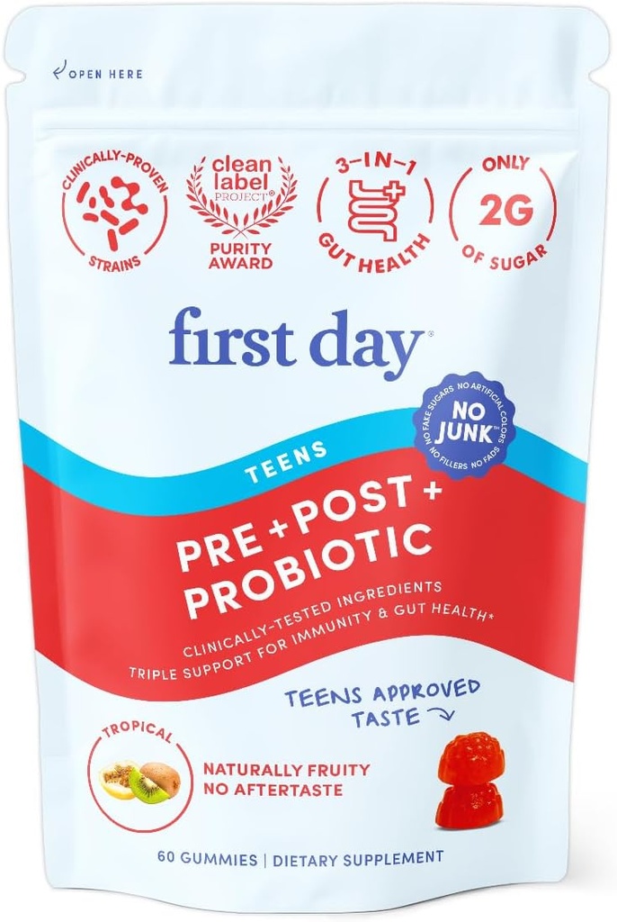 FIRST DAY 청소년 Gut Sustainer Tribiotic Gummies – 3-in-1 Prebiotic, Probiotic & Postbiotic Supplement – 소화, 피부, 구두 및 면역 건강, 영양 흡수 및 성장 지원 – 30 일 공급