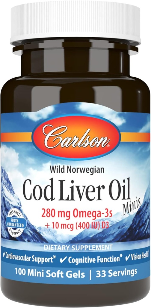 Carlson - Cod Liver Oil Minis, 280 mg Omega-3s + 비타민 A 및 D3, 노르웨이어, 야생 잡음, 지속 가능한 Sourced, 100 미니 Softgels