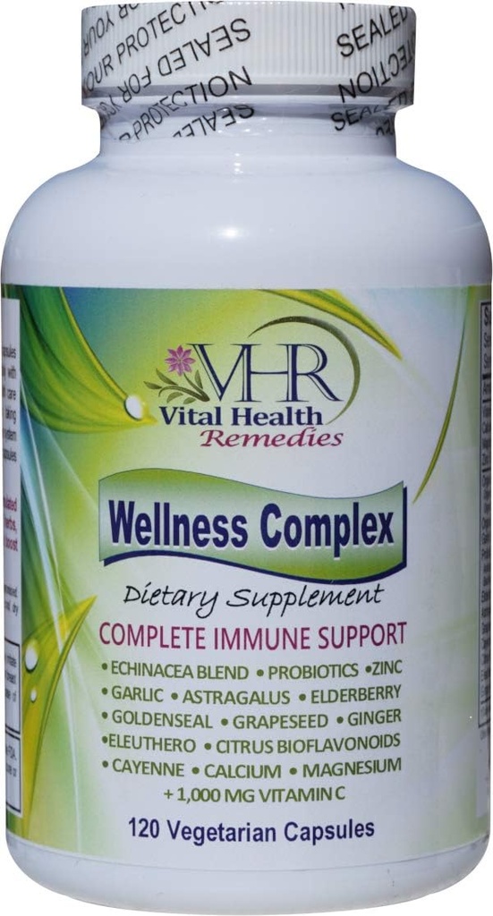 Echinacea, Goldenseal, 마늘, Probiotics, Elderberry, Astragalus, Grapeseed, Cayenne, Bioflavonoids, Eleuthero, Ginger, VIT를 가진 VHR Wellness Complex Immune 부스트 공식. C의 아연. 120 Veg 모자