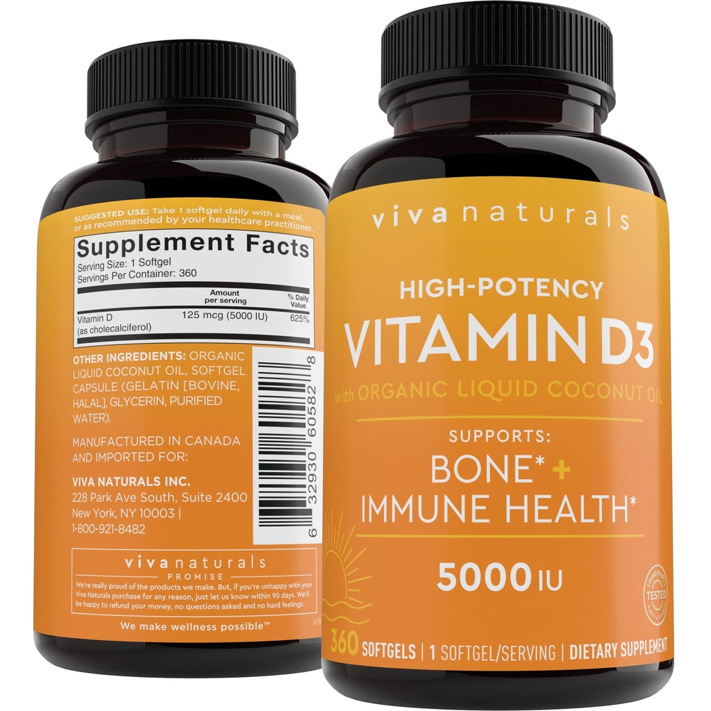 Viva Naturals 비타민 D3 5000 IU Softgels, 360 조사 (125 mcg), 지원 뼈 & 면역 건강, 높은 효능 비타민 D