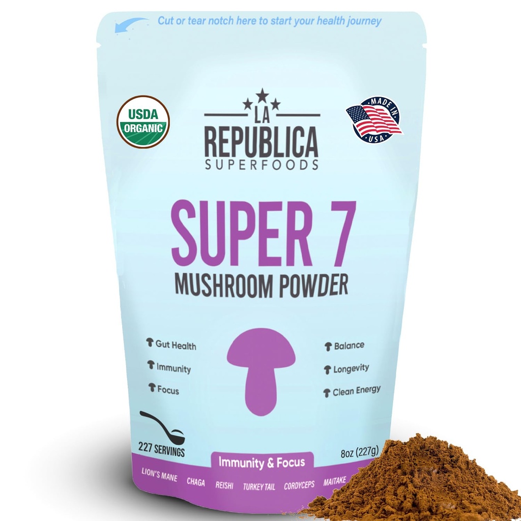 La Republica Superfood Super 7 버섯 추출물 분말, Lion's Mane, Reishi, Chaga, Cordyceps, Shiitake, Maitake 및 터키 꼬리 (8 oz) 포함