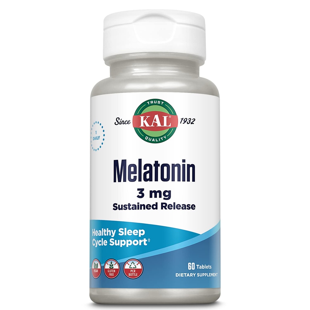 KAL Melatonin 3mg는 방출 잠 원조, Melatonin 보충교재 지원 건강한 Relaxation, Calm 감각 및 Proper 수면 주기, w/Added 비타민 B6, Vegan, 글루텐 자유로운 60 봉사, 60의 정제를 강화했습니다